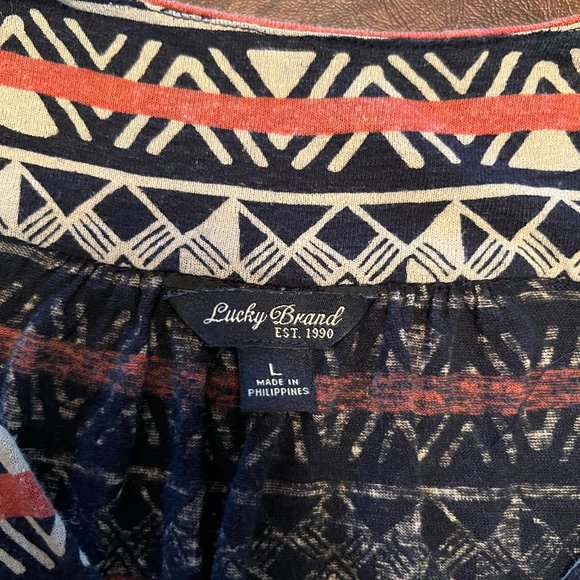 Lucky Brand Multi Colored Aztec print wrap top with 3/4 ruched sleeves - Picture 2 of 6